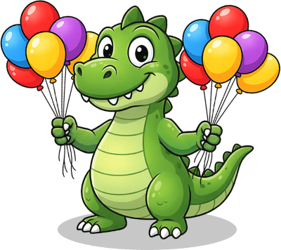 Happy dinosaur holding colorful baloons