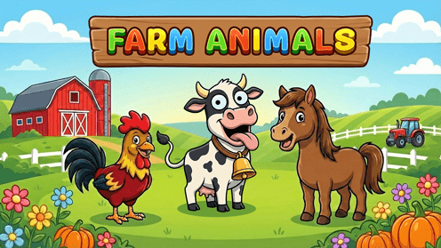 Learn Farm Animals with rooster,Cow,Horse,Pig and Cat. Simply click and see the animals come one by one.