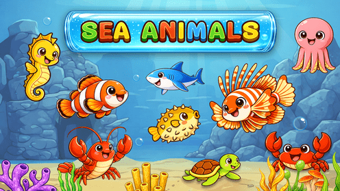 Have fun and interact with sea animals like Lionfish, shark, seahorse, octopus, crab, turtle, and pufferfish. For each click, learn how the sea creatures swim.