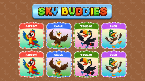 Sky Buddies a matching toddler game featuring colorful bird cards like parrot, eagle, toucan, and duck. Find the identical pair to complete the game.