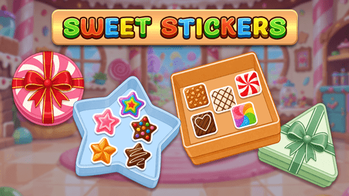 Sweet Stickers is a Colorful toddler game showing candy-themed shapes and boxes with star, heart, and chocolate stickers in a box. This helps learn shapes by dragging and dropping in the appropriate candy boxes.