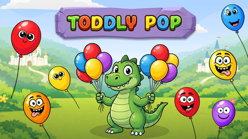 Funny Dino with colorful balloons waiting to be popped. unlock surprise gifts while popping.